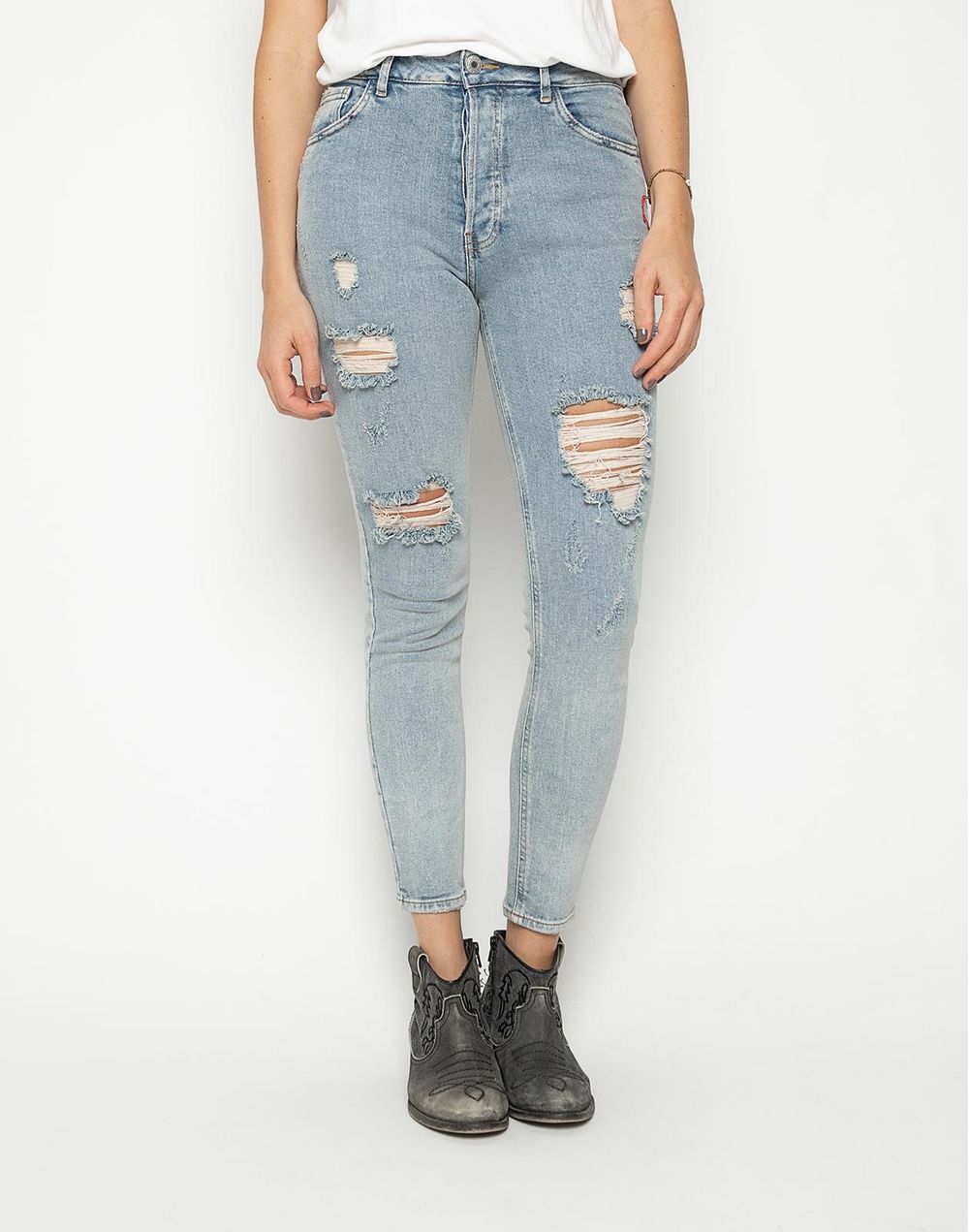 High Waist Skinny Jeans Vintage Appearance Rotos Azul 14 Compra